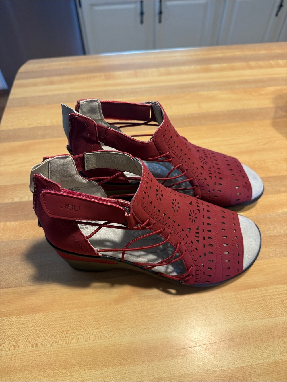 JBU Red Laser-Cut Peep-Toe Lace-Up Sandals - Picture 2 of 6
